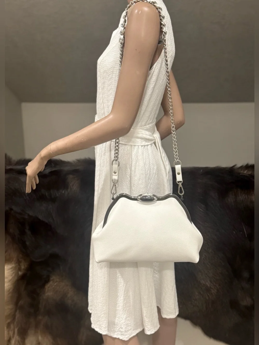 White Pebble Cowhide Handmade Custom Metal Frame Shoulder Bag, With 2 Straps